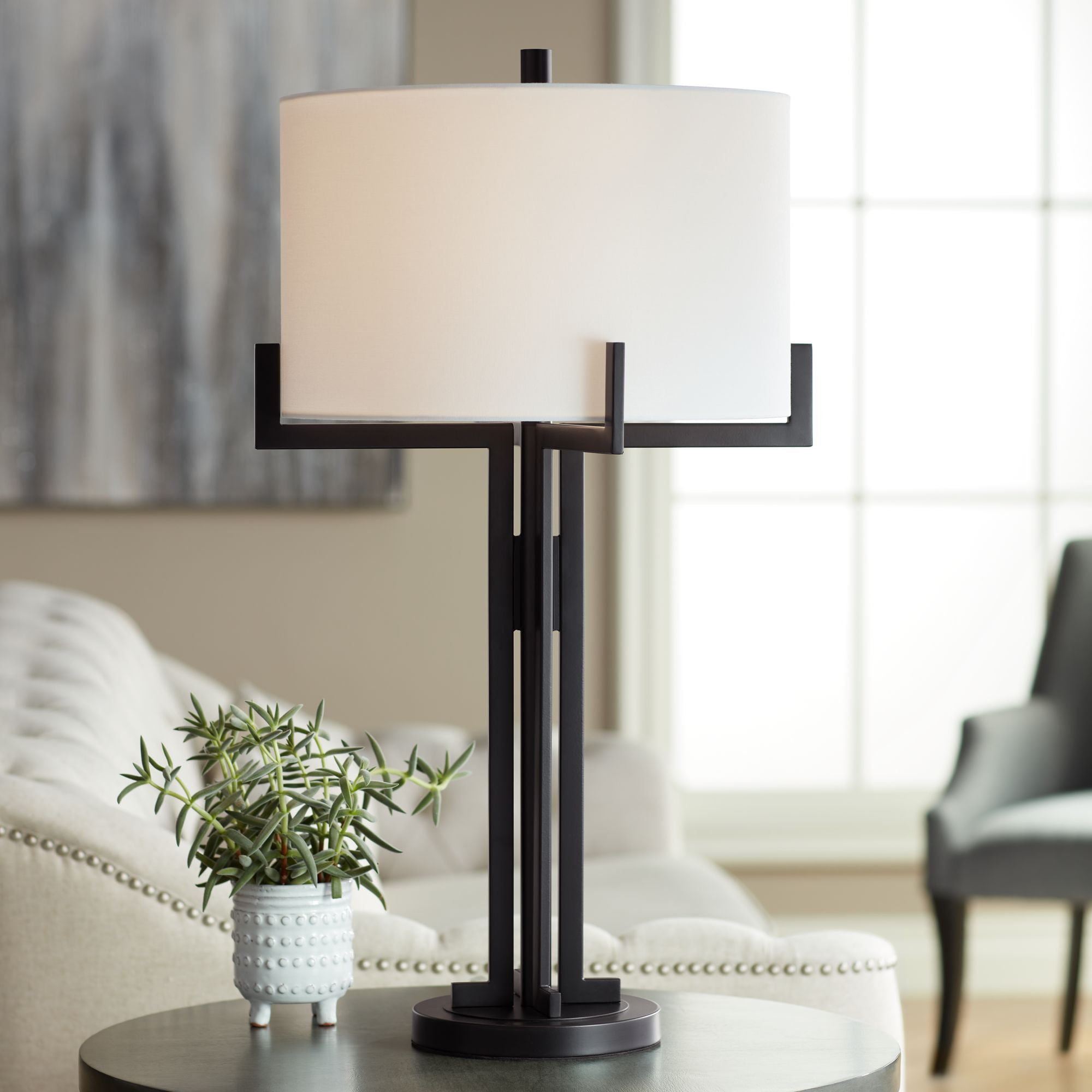 Idira 28" Modern Industrial Black Metal Table Lamp with White Drum Shade