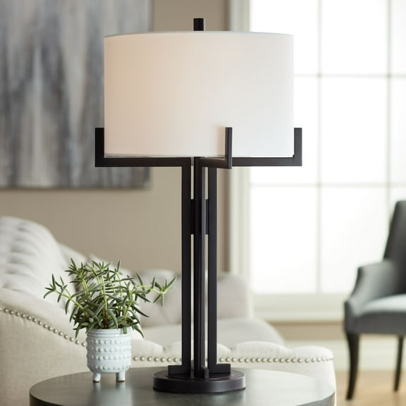 Franklin Iron Works Idira Modern Industrial Table Lamp 31 1/2" Tall Black Metal White Drum Shade for Bedroom Living Room Bedside Nightstand Office