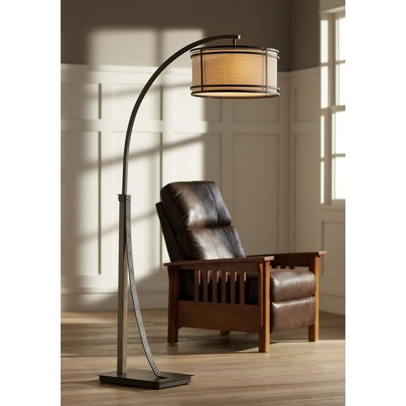 Franklin Iron Works Gentry Industrial Rustic 71 1/2" Tall Arc Floor Lamp with Smart Socket Oil Rubbed Bronze Oatmeal Shade for Reading