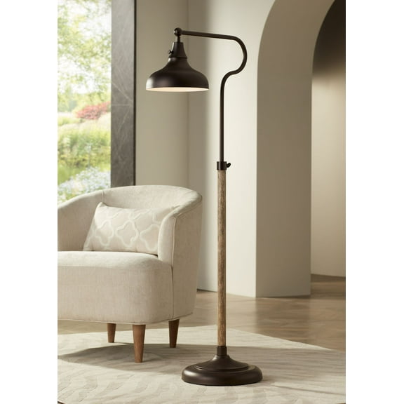 Franklin Iron Works Industrial Rustic Farmhouse Pharmacy Floor Lamp with USB 57" Tall Bronze Faux Wood Grain Adjustable Metal Shade for Living Room