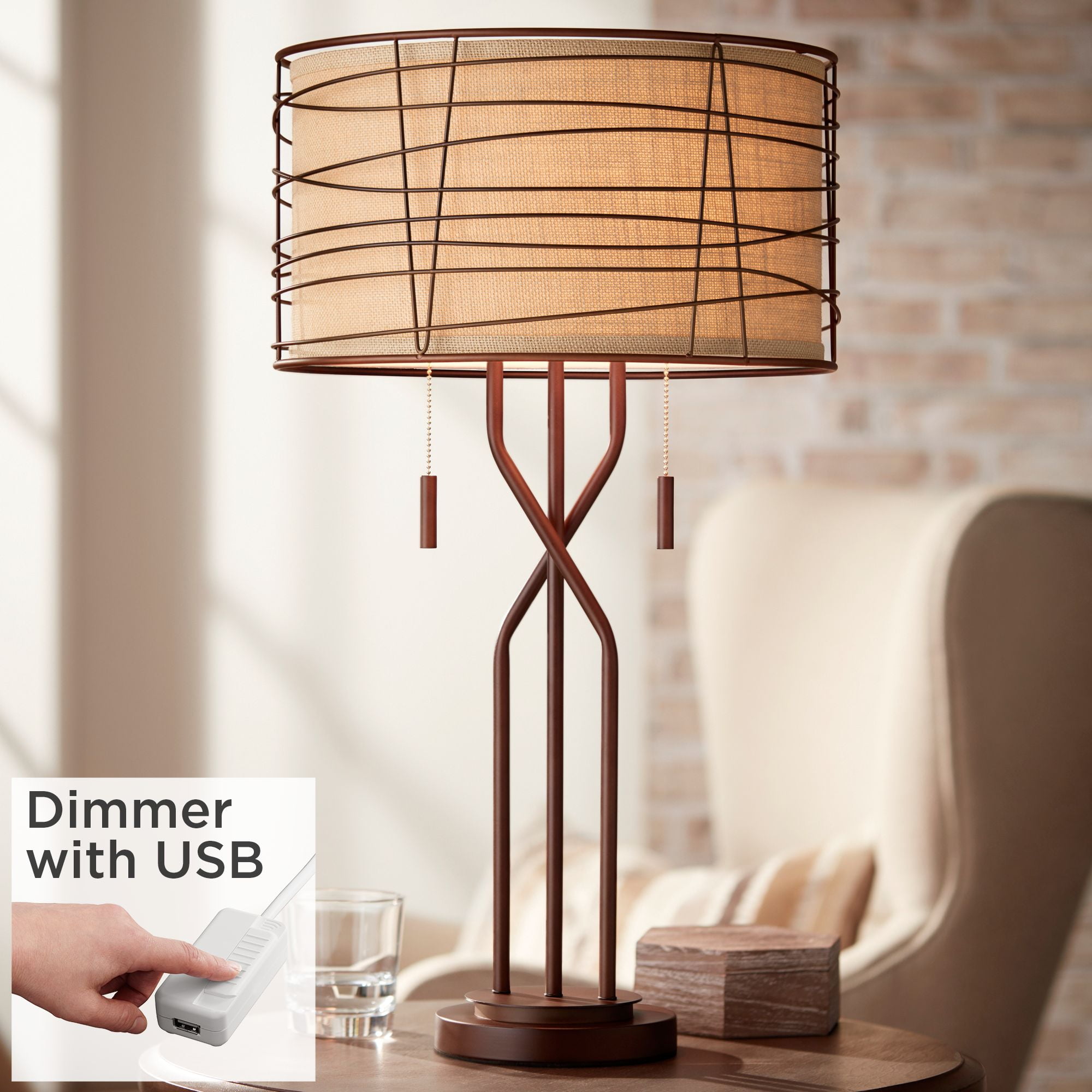 Franklin Iron Works Industrial Table Lamp 28 3 4 Tall with USB Dimmer Bronze Metal Outer Burlap Inner Drum Shade for Bedroom Living Room Home Bedside Walmart