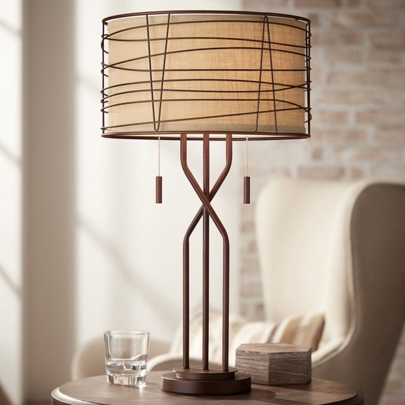 Franklin Iron Works Industrial Table Lamp 28 3/4" Tall with USB Dimmer Bronze Metal Outer Burlap Inner Drum Shade for Bedroom Living Room Home Bedside