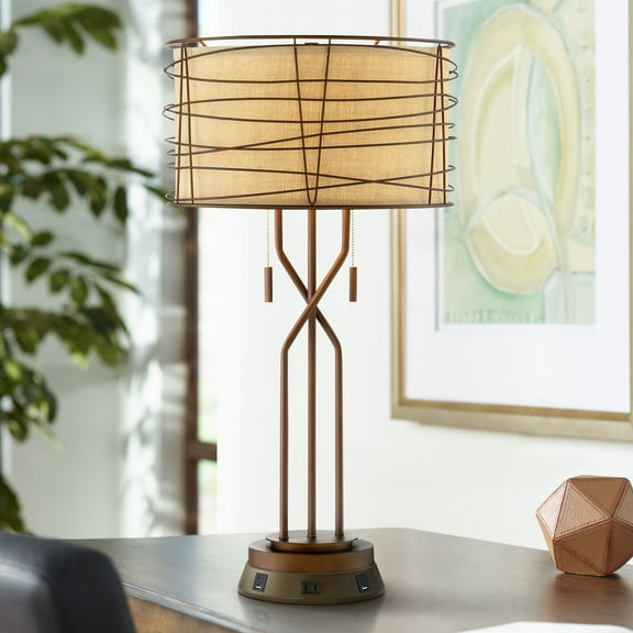 Franklin Iron Works Industrial Table Lamp with USB and AC Power Outlet Workstation Charging Base 28.75" Tall Bronze Woven Metal Burlap Bedroom