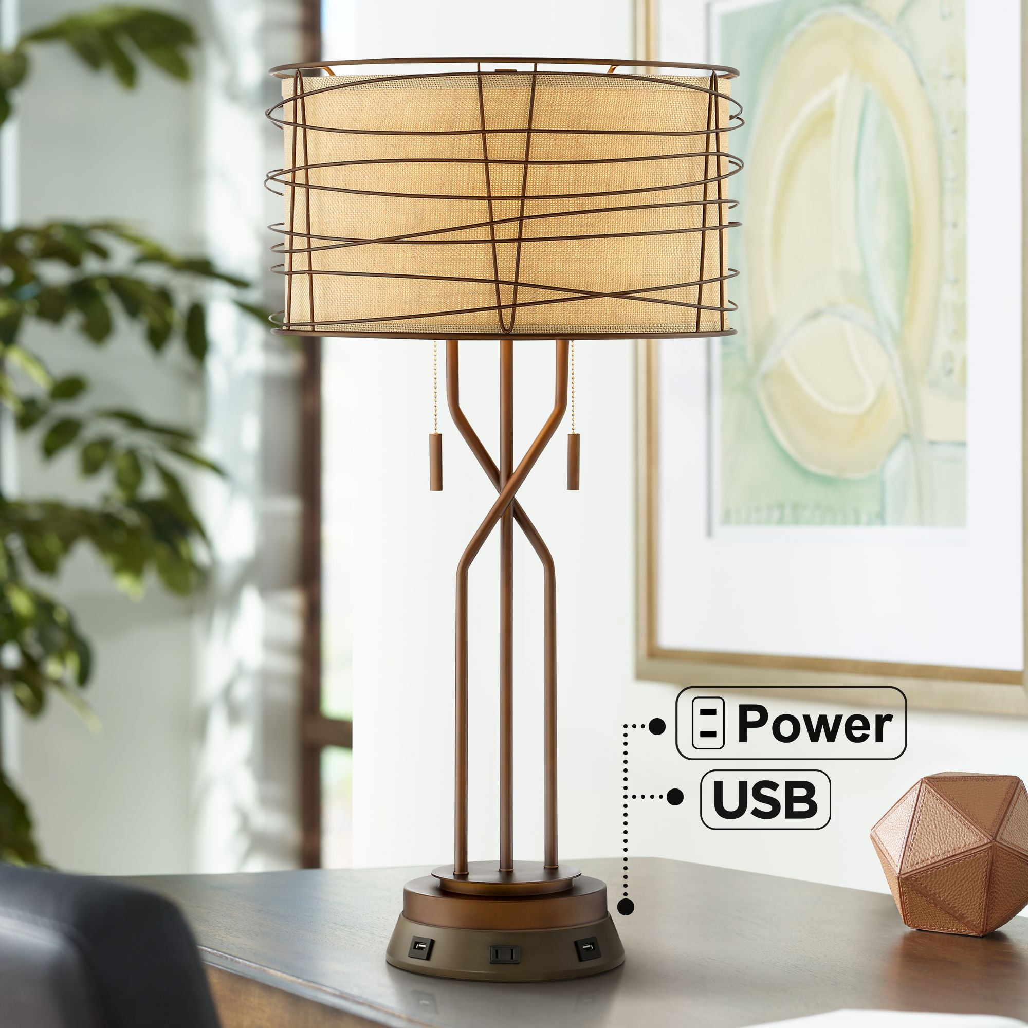 Franklin Iron Works Industrial Table Lamp with USB and AC Power