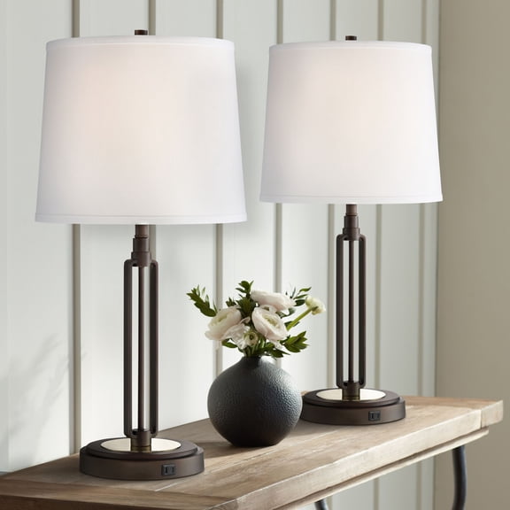 Franklin Iron Works Javier 24 1/2" High Mid Century Modern Table Lamps Set of 2 USB Port Brown Bronze Finish Metal Charging