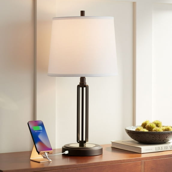 Franklin Iron Works Javier Industrial Table Lamp 24 1/2" High Bronze with USB Charging Port White Drum Shade for Bedroom Living Room Bedside Home Desk