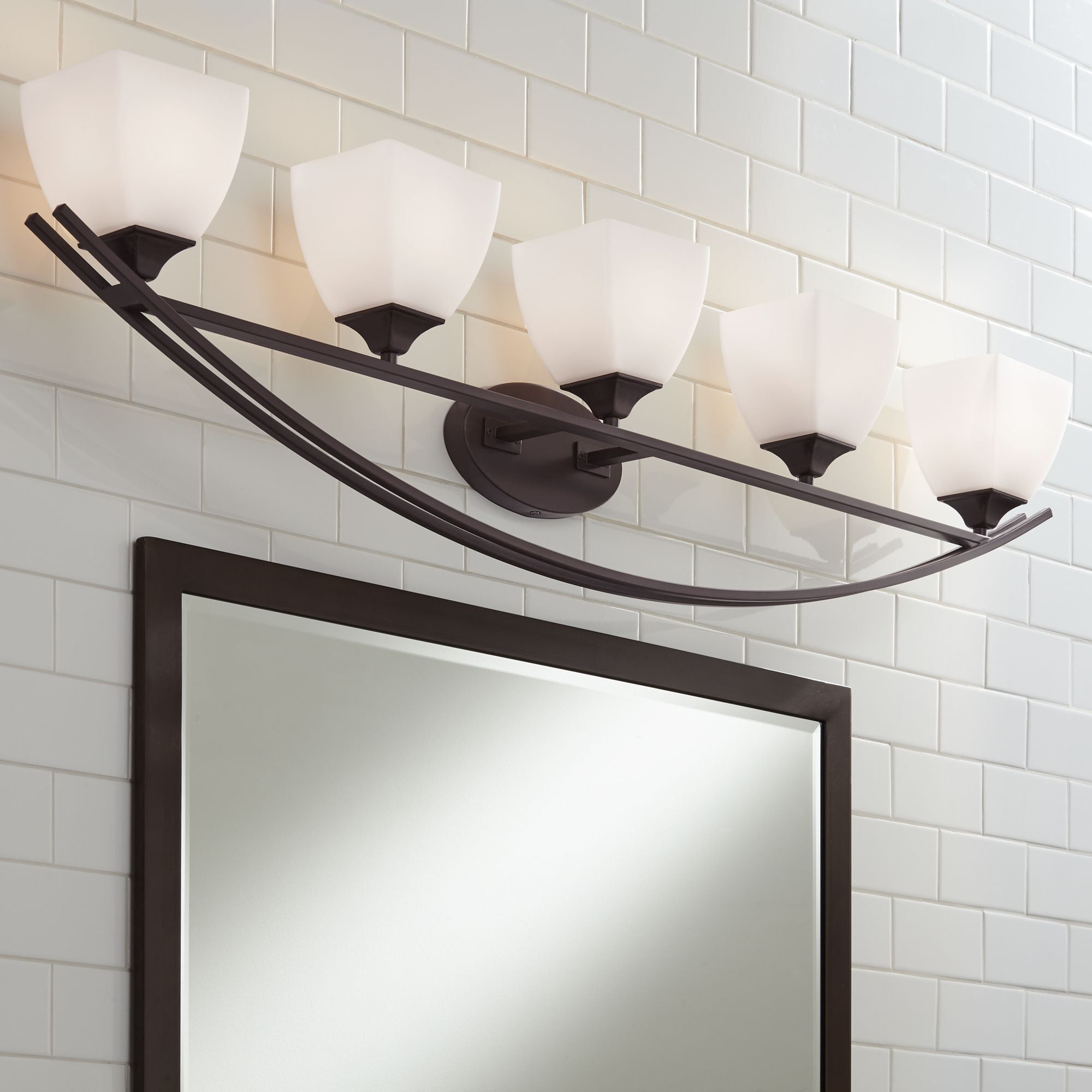 Jenisen Arch 51.5" Wide Bronze Wall Light with White Glass Shades