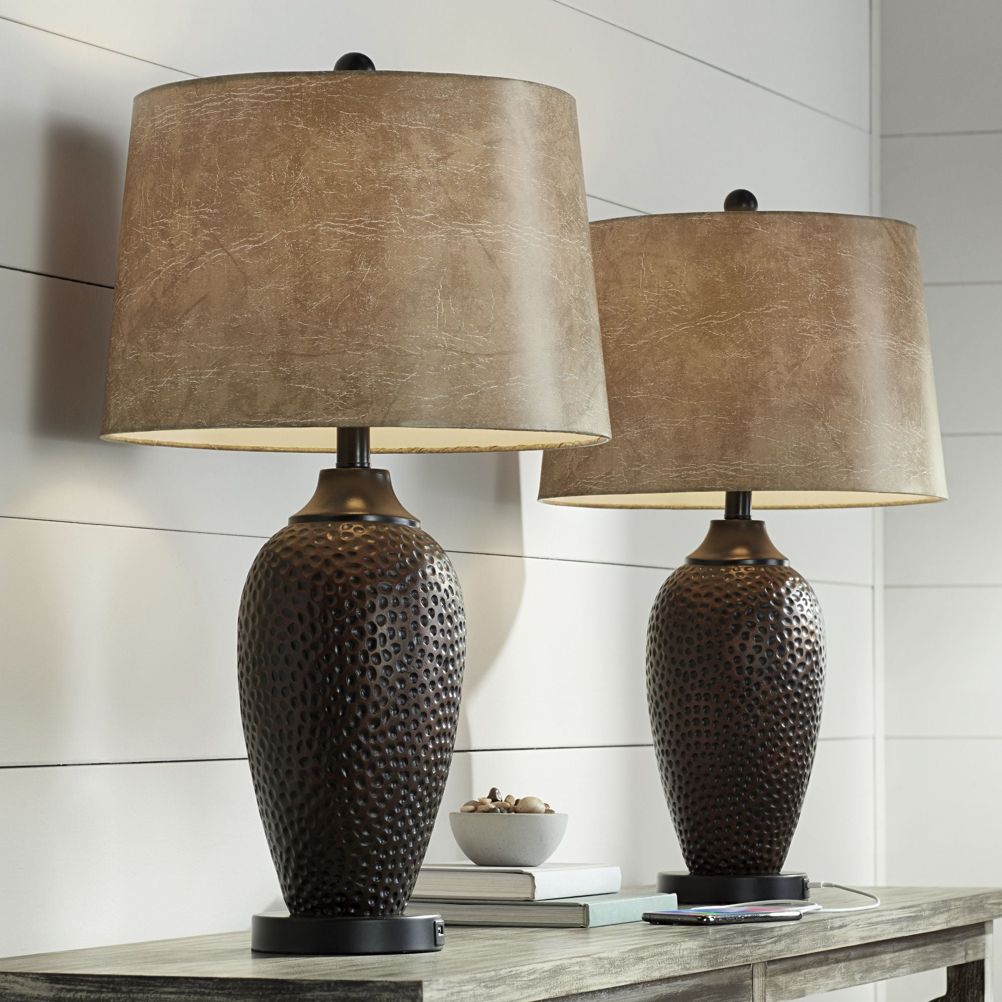 Set of 2 Hammered Bronze Table Lamps with USB Ports and Faux Leather Shades