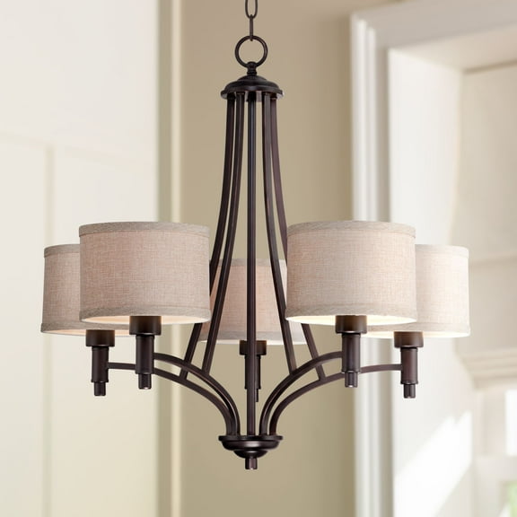 Franklin Iron Works La Pointe Oil Rubbed Bronze Pendant Chandelier 26" Wide Rustic Oatmeal Linen Shade 5-Light Fixture for Dining Room Kitchen Island