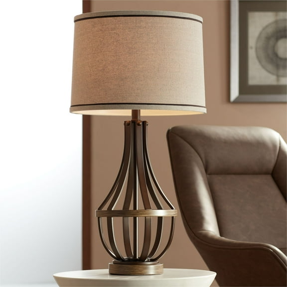 Franklin Iron Works Louanne Industrial Table Lamp 29" Tall Oil Rubbed Bronze with USB Cord Dimmer Burlap Linen Drum Shade for BBedroom Living Room