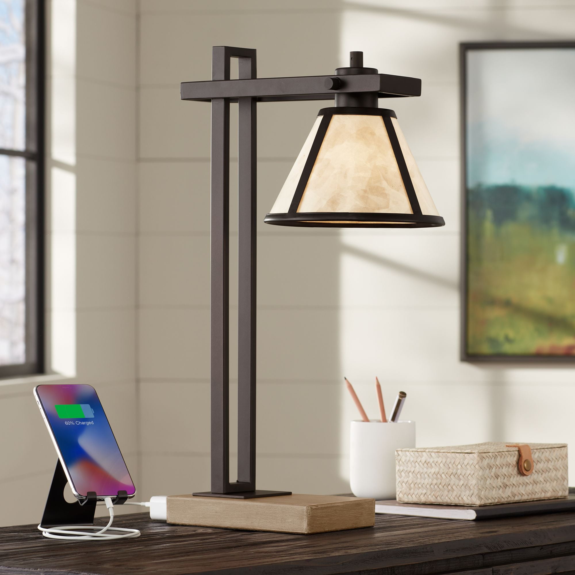 Bronze Industrial Desk Lamp with Beige Stone Shade and USB Port