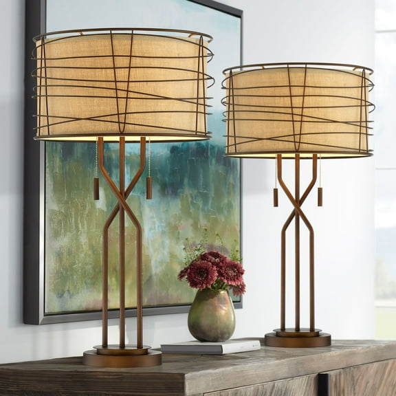Franklin Iron Works Marlowe 28 3/4" Tall Farmhouse Rustic Modern End Table Lamps Set of 2 Pull Chain Bronze Metal Woven Shade