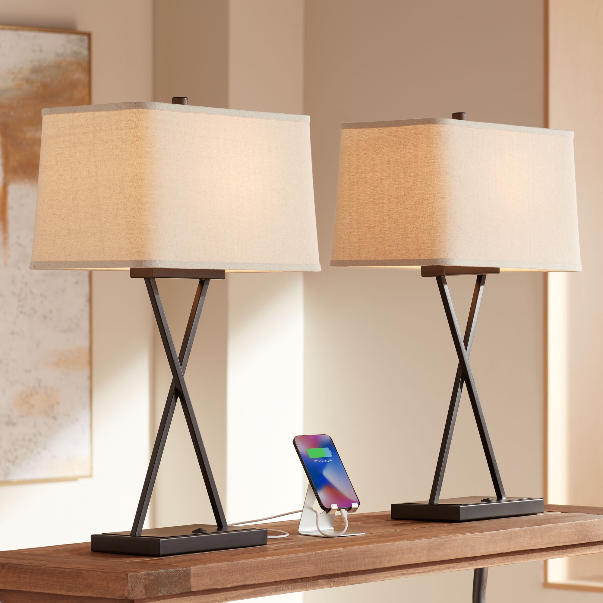 Megan Bronze Metal Table Lamps with USB and Fabric Shades, Set of 2