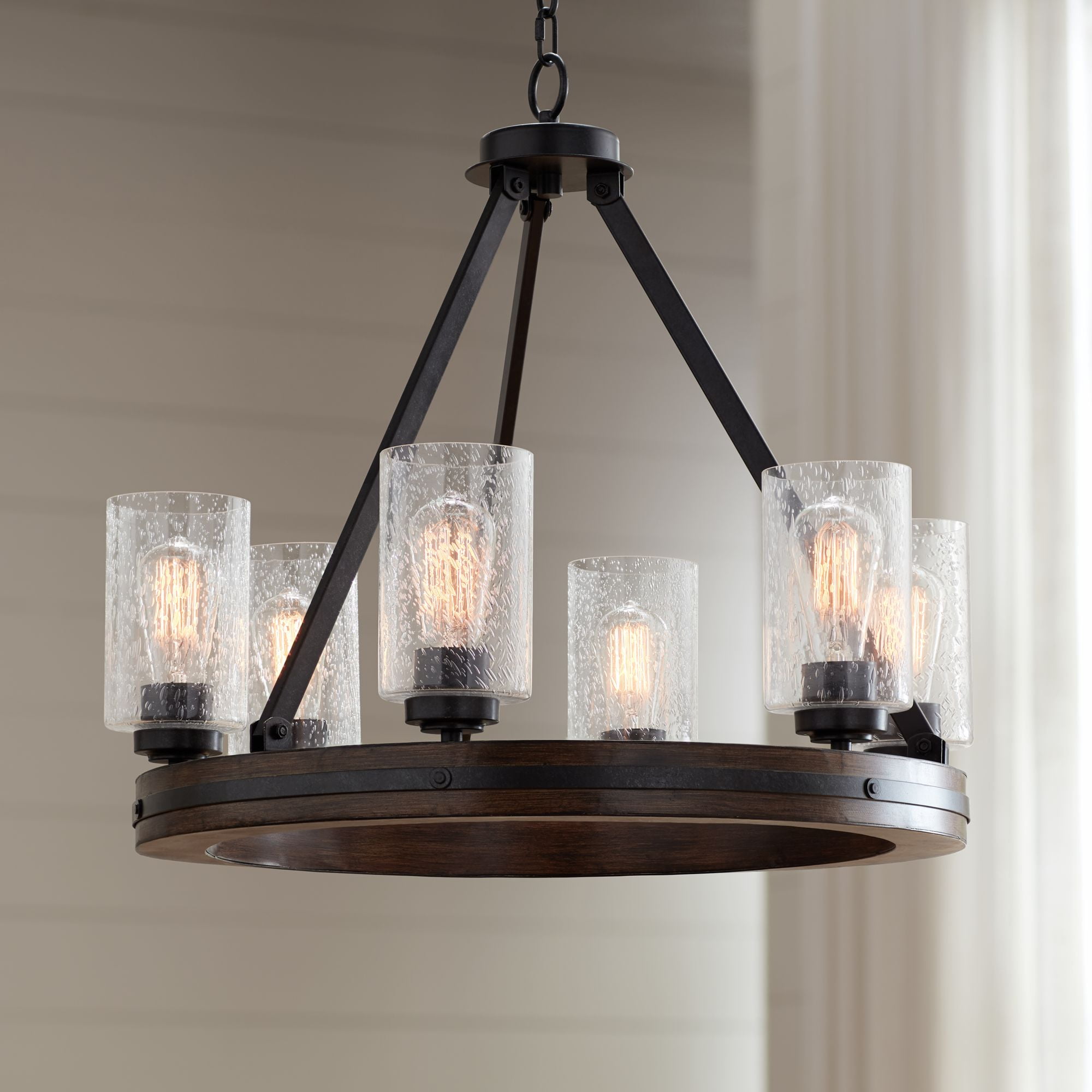 Bronze and Wood Wagon Wheel Chandelier with Clear Glass Shades