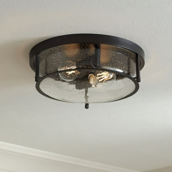 Franklin Iron Works Midnight 13" Modern Flush-Mount Ceiling Light Fixture Kitchen Foyer Hallway Round 2-Light Black Seeded Glass