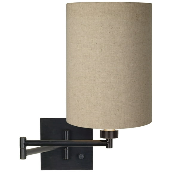Franklin Iron Works Modern Swing Arm Wall Lamp Espresso Plug-In Light Fixture Tan Cylinder Shade for Bedroom Bedside Living Room