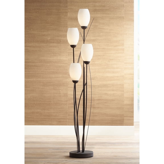 Franklin Iron Works Modern Tree Floor Lamp with USB Charging Port 4-Light 73" Tall Black White Glass Tulip Shade for Living Room