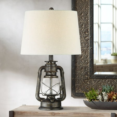 Franklin Iron Works Murphy Industrial Rustic Accent Table Lamp 23" High Weathered Bronze Miner Lantern Oatmeal Fabric Shade for Bedroom Living Room