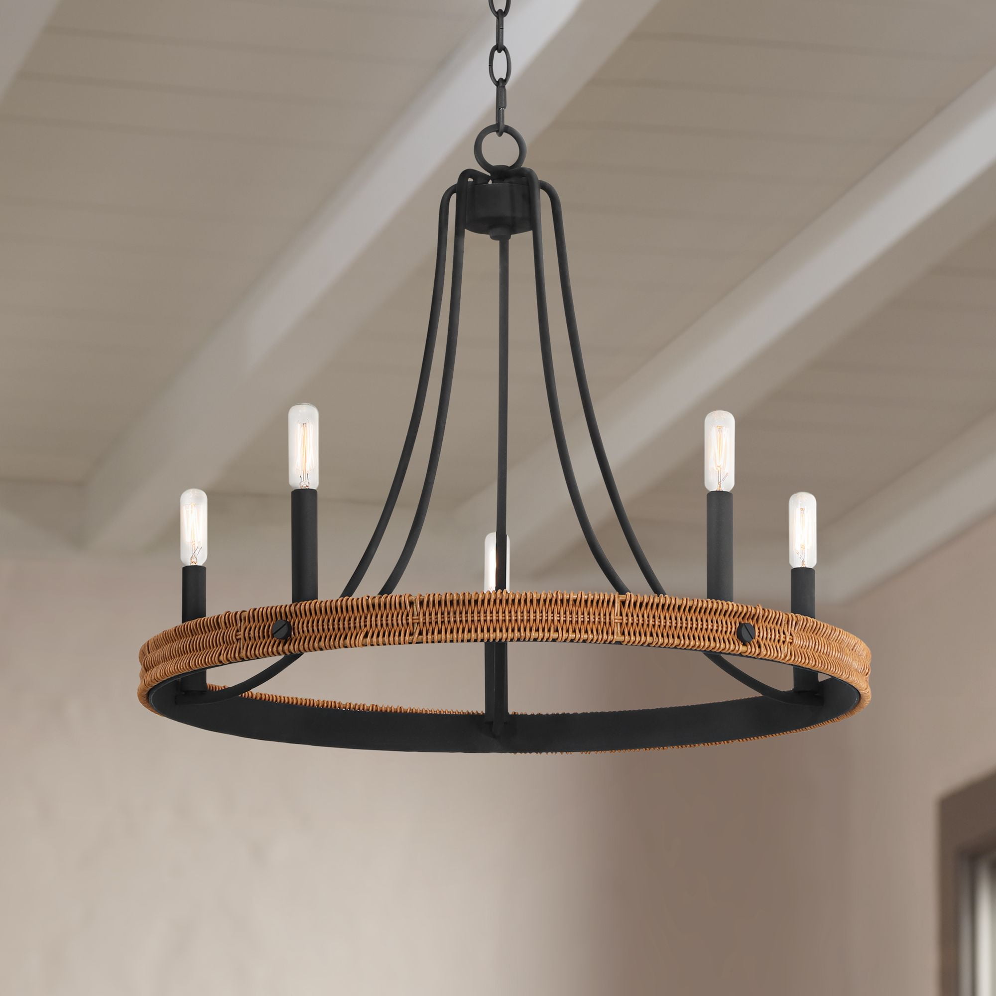 Black Metal and Woven Wood 6-Light Chandelier