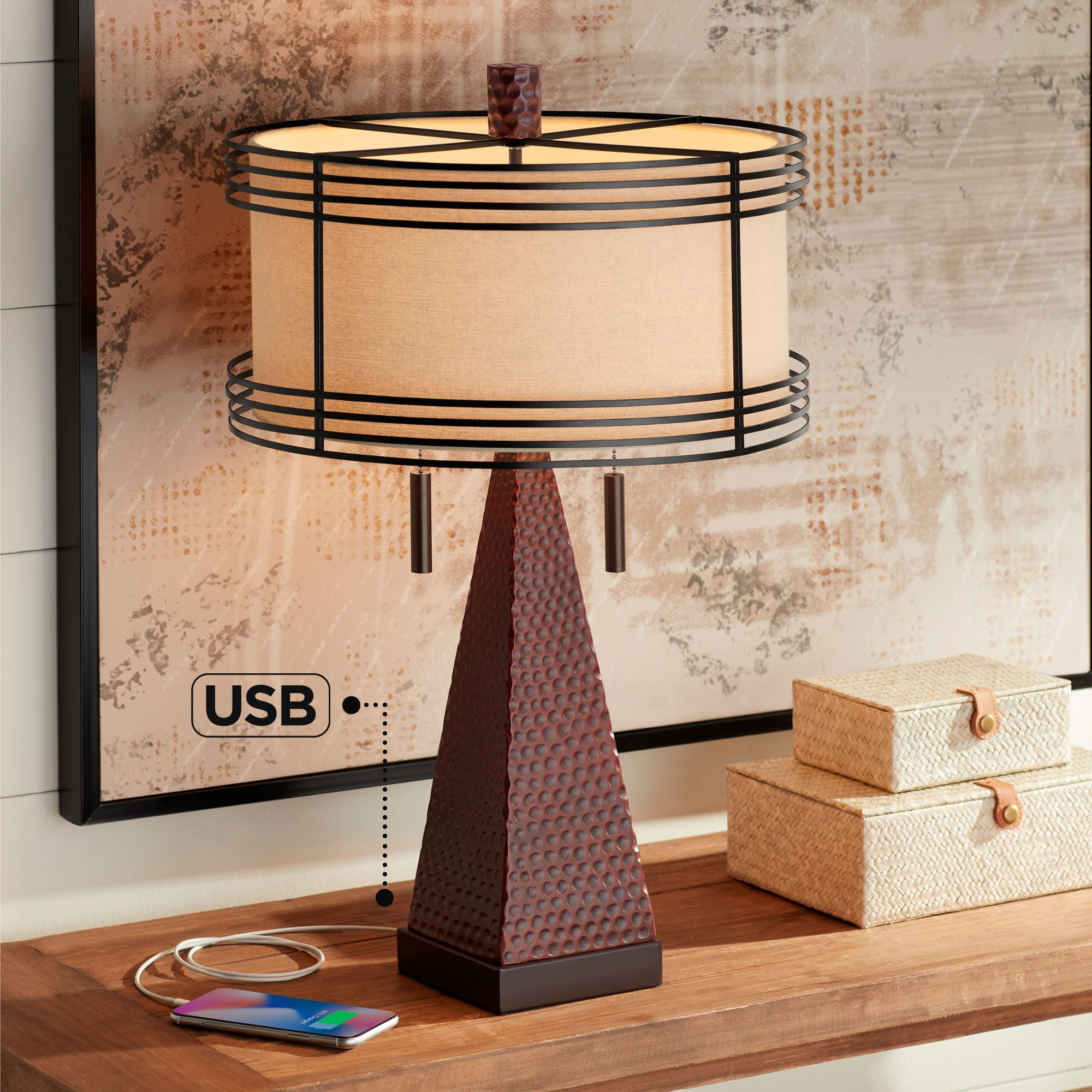 Franklin Iron Works Oak River 22 Mica Shade USB and Outlet Desk Lamp