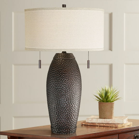 Franklin Iron Works Noah Modern Rustic Farmhouse Table Lamp 31" Tall Hammered Bronze Oatmeal Fabric Drum Shade for Bedroom Living Room Bedside Office