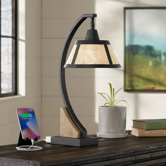 Franklin Iron Works Oak Rustic Farmhouse Desk Table Lamp 22" High Gray with USB and AC Power Outlet in Base Wash Mica Shade for Bedroom Living Room