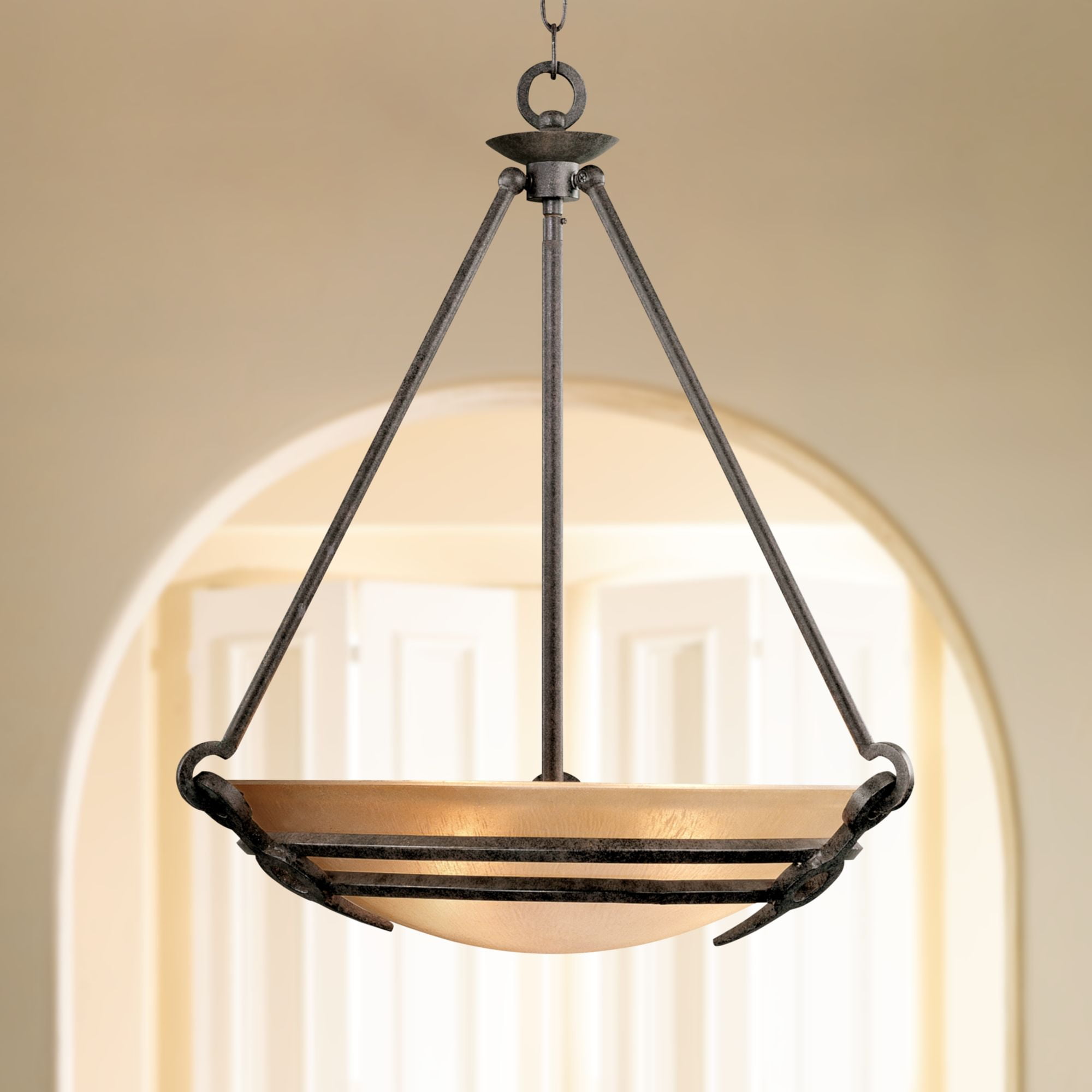 California Mission Old Bronze Bowl Pendant with India Scavo Glass