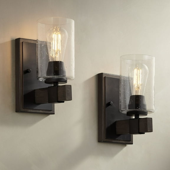 Franklin Iron Works Poetry 9" High Wall Sconces Light Lamp Fixture Mount Set of 2 Bathroom Hardwired Clear Seeded Glass Shade