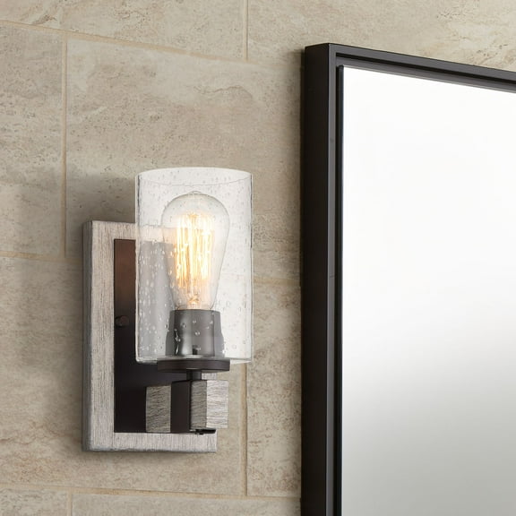 Franklin Iron Works Poetry Rustic Farmhouse Wall Light Sconce Gray Wood Grain Bronze Hardwire 4 3/4" Fixture Clear Seedy Glass for Bedroom Bathroom