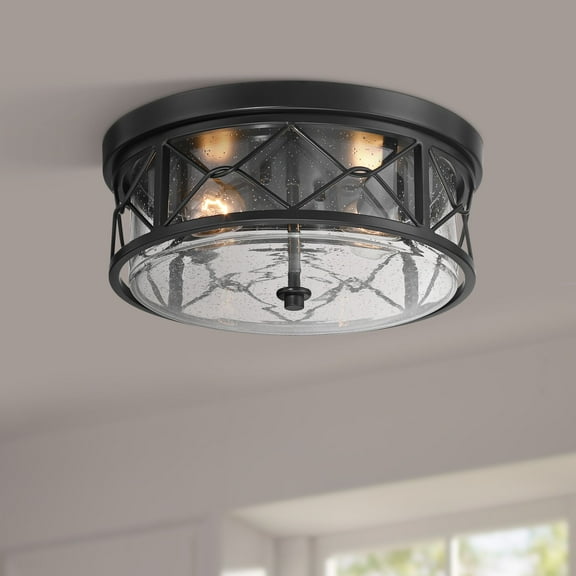 Franklin Iron Works Quincy 14" Industrial Flush-Mount Ceiling Light Fixture Kitchen Foyer Hallway Round 2-Light Black Seeded Glass