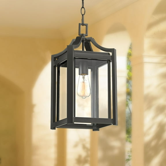 Franklin Iron Works Rockford Rustic Outdoor Hanging Light Black Iron 17" Clear Beveled Glass for Post Exterior Barn Deck House Porch Yard Patio Home