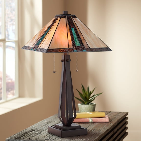 Franklin Iron Works Roger Marta 25" High Rustic Table Lamp Pull Chain Brown Bronze Finish Metal Single Art Glass Shade Living Room