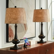 Franklin Iron Works Ross Rustic Farmhouse Table Lamps 27" Tall Set of 2 Bronze with USB Charging Port Faux Leather Drum Shade for Living Room Desk