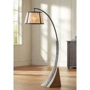 Franklin Iron Works Rustic Farmhouse Arc Floor Lamp with USB Charging Port 66 1/2" Tall Dark Gray Natural Mica Blond Drum Shade for Living Room Office