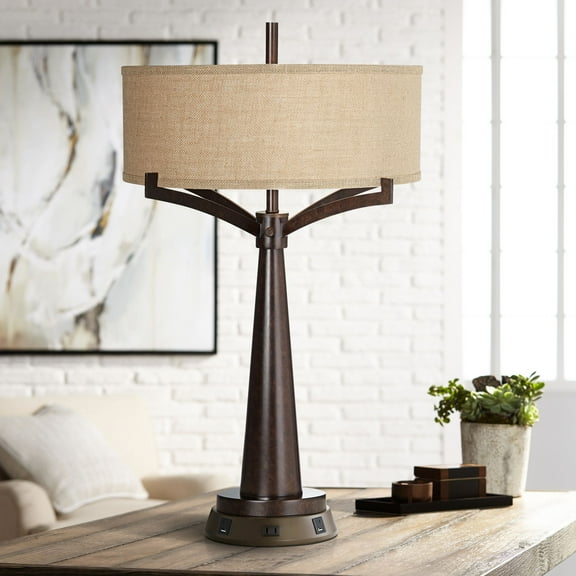 Franklin Iron Works Rustic Farmhouse Table Lamp 31 1/2" Tall with USB Power Outlets in Base Bronze Burlap Drum Shade for Bedroom Living Room Bedside