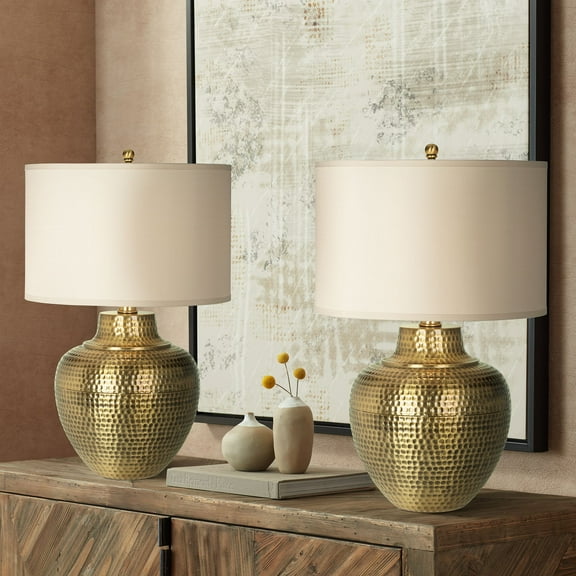 Franklin Iron Works Rustic Farmhouse Table Lamps 27" Tall Set of 2 Antique Brass Hammered Metal Cream Linen Drum Shade for Bedroom House