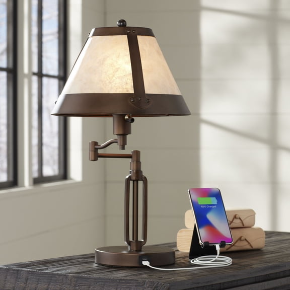 Franklin Iron Works Samuel Industrial Desk Lamp 21 1/4" High Bronze Swing Arm with USB Charging Port Natural Mica Shade for Bedroom Living Room House