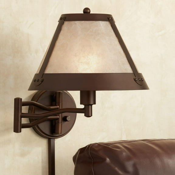 Franklin Iron Works Samuel Rustic Farmhouse Swing Arm Wall Lamp Bronze Plug-in Light Fixture Natural Mica Shade for Bedroom Bedside Living Room House