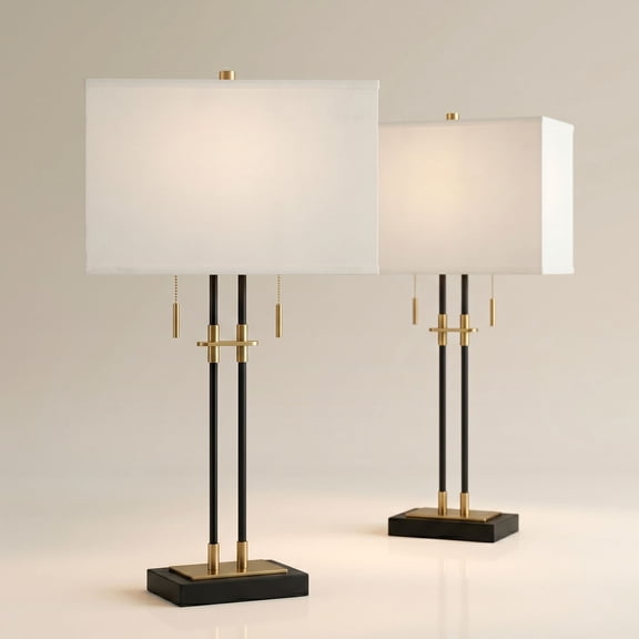 Franklin Iron Works Stefano 30 1/4"H Black Gold 2-Light Pull Chain USB Table Lamp Set of 2