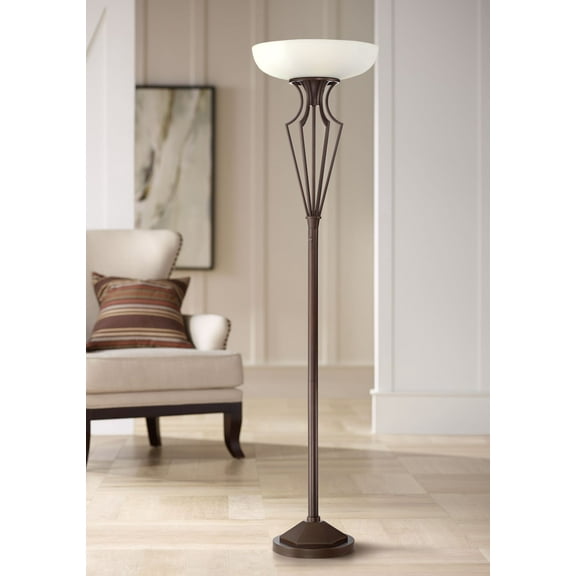Franklin Iron Works Torchiere Floor Lamp LED 73" Tall Oil Rubbed Bronze Caged Frosted Glass Shade for Living Room Bedroom Office Uplight