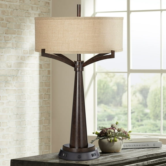 Franklin Iron Works Tremont Industrial Table Lamp 31 1/2" Tall Bronze Metal with Dimmable USB and Power Outlet Burlap Drum Shade for Living Room House