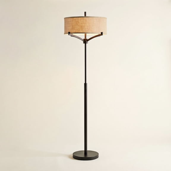 Franklin Iron Works Tremont Mid Century Modern Floor Lamp 62" Tall Deep Bronze Metal Tan Burlap Drum Shade for Living Room Bedroom Office House Home