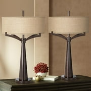 Franklin Iron Works Tremont Modern Mid Century Table Lamps 31 1/2" Tall Set of 2 Rich Bronze Iron Burlap Fabric Drum Shade for Bedroom Living Room