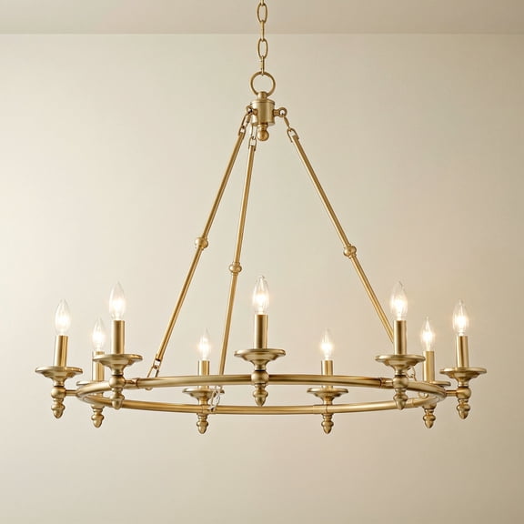 Stiffel Warm Antique Gold Wagon Wheel Chandelier 35" Wide Farmhouse Rustic 9-Light Fixture for Dining Room Living House Foyer Kitchen Island Entryway