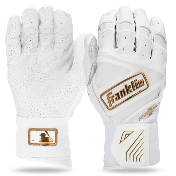 Franklin Sports MLB Batting Gloves - Infinite Powerstrap Baseball + Softball Batting Gloves - Durable Full Wrap Cage Practice Gear - Long Cuff Wrist + Heavy Duty Leather - Adult XL - White + Gold