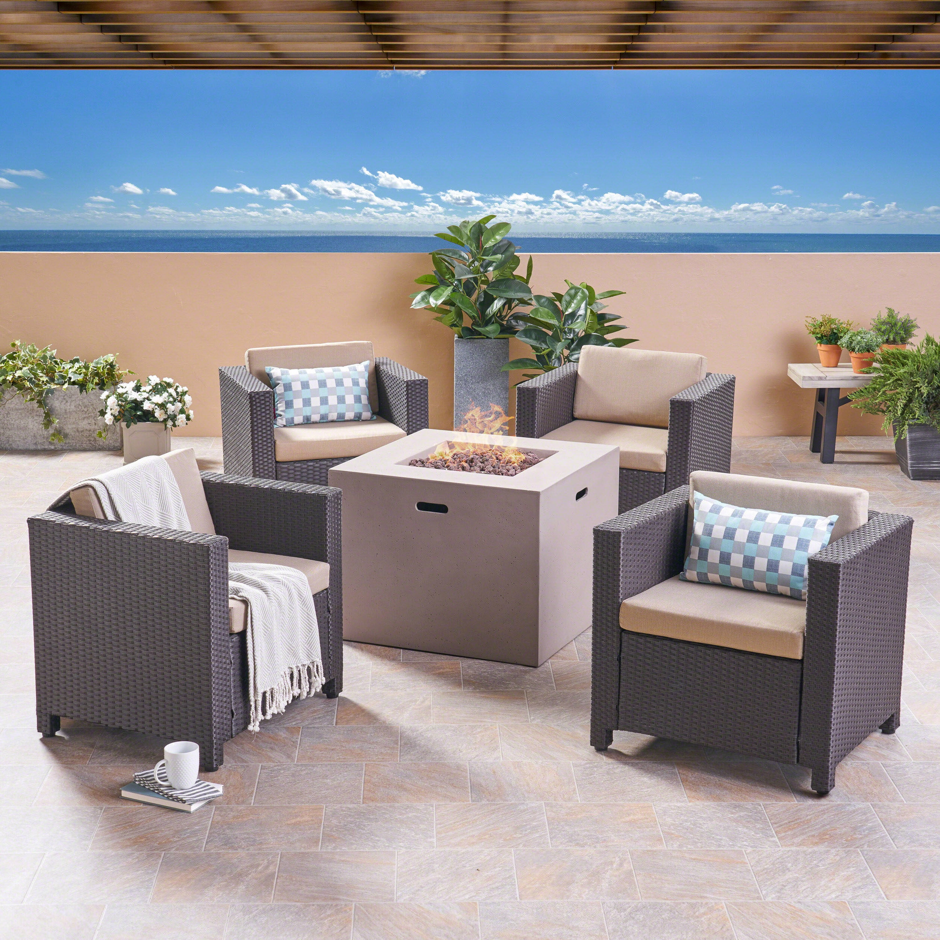 Franklin Outdoor 5 Piece Wicker Club Chair Set with cushions and Square Fire Pit, Dark Brown, Beige, Light Gray
