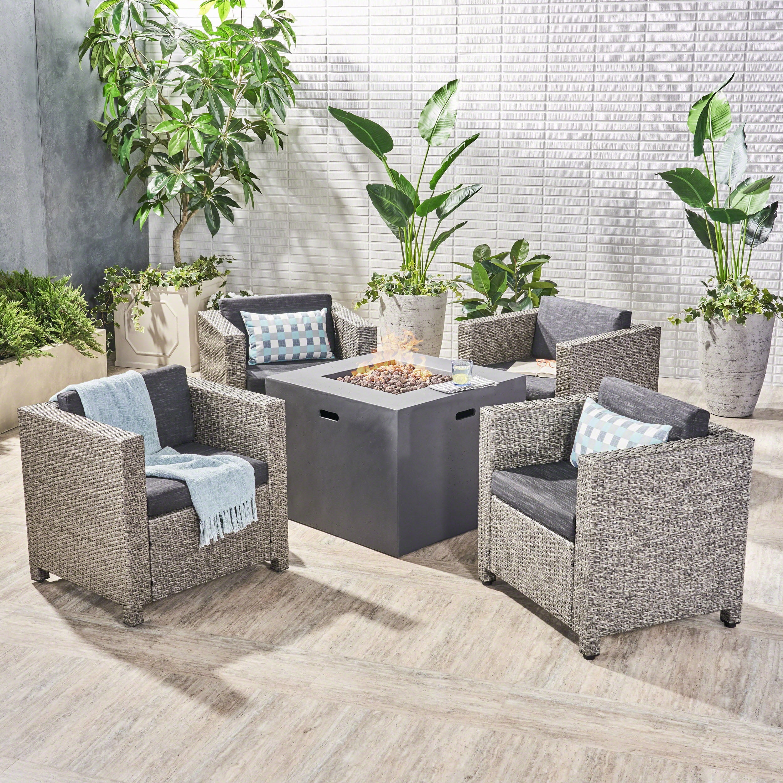 Franklin Outdoor 5 Piece Wicker Club Chair Set with cushions and Square Fire Pit, Mixed Black, Dark Gray, Dark Gray
