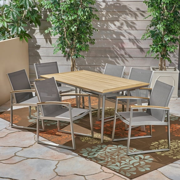 Franklin Outdoor 7 Piece Aluminum and Mesh Dining Set with Wood Top, Silver, Gray