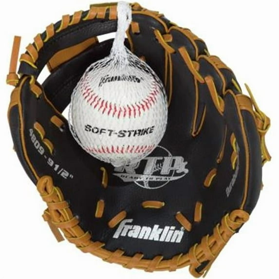 Franklin Sports 4809TBS 9.5 in. Poly Vinyl Chloride Right-Handed Thrower Baseball Glove with Ball, Black & Tan