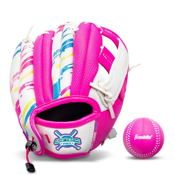 Franklin Sports Air Tech Baseball Glove and Mitts with Ball, Tee ball, Soft Air Tech Foam, White and Pink